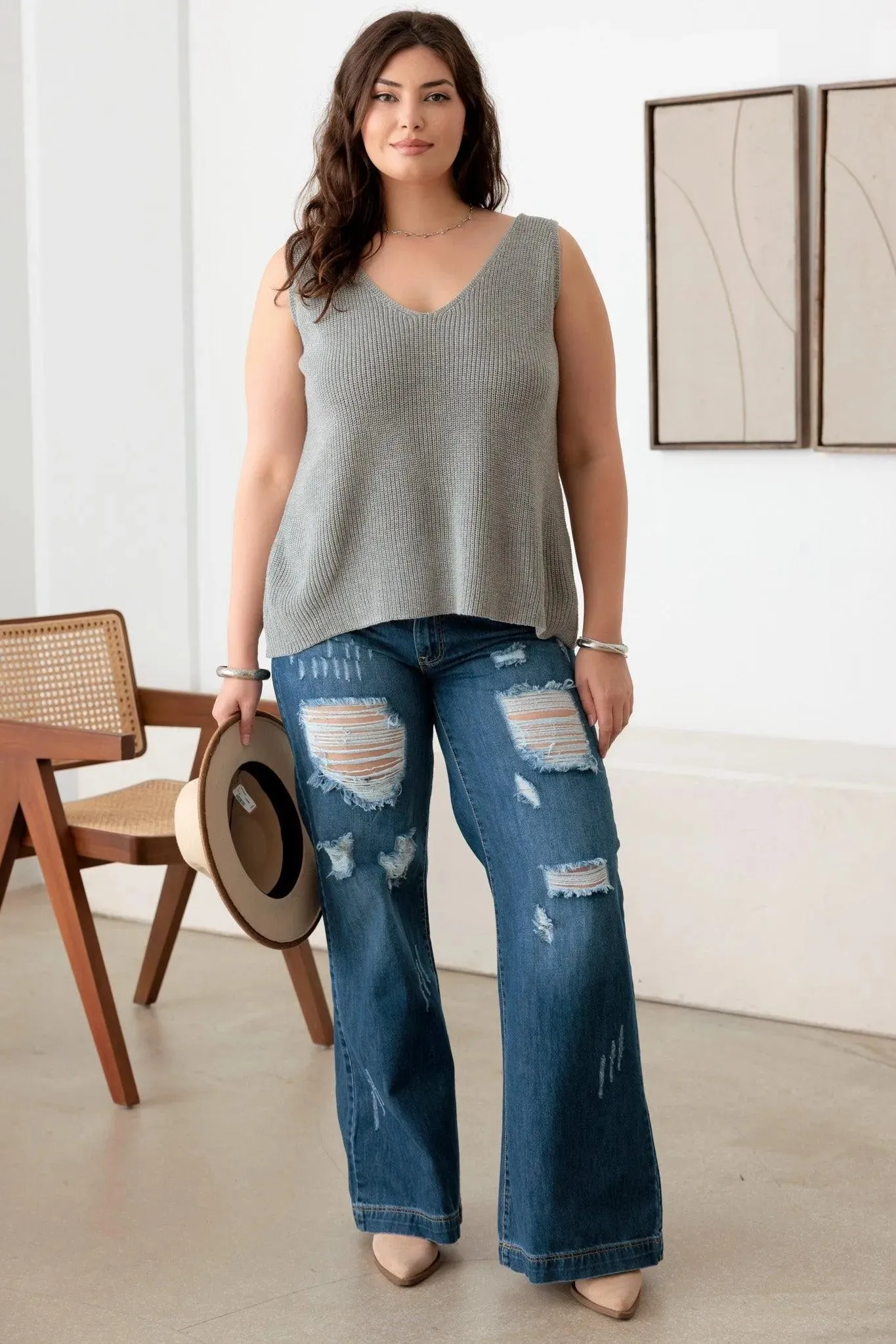 Plus Size Sleeveless V-Neck Knit Sweater Top