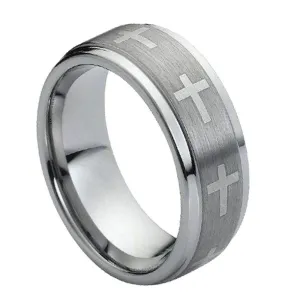 Ring Flat Laser Engraved Crosses on Brushed Center - 9mm
