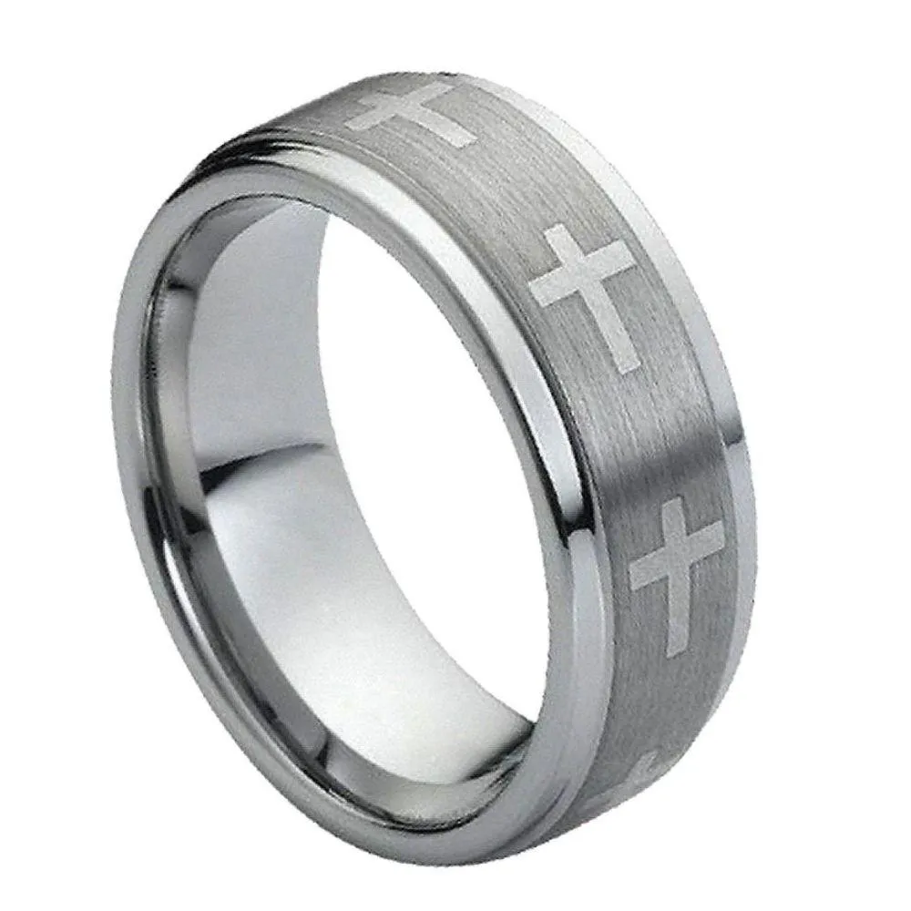 Ring Flat Laser Engraved Crosses on Brushed Center - 9mm