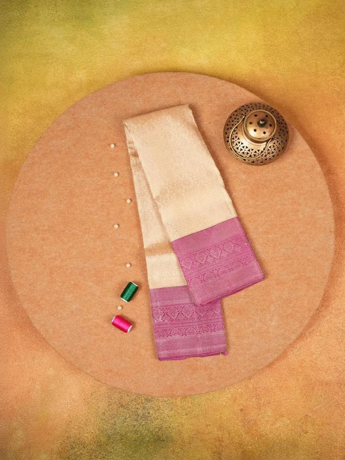 Sandal Pure Kanchipuram Silk Saree with Floral Patterns on the Body and with Contrast Designed Border
