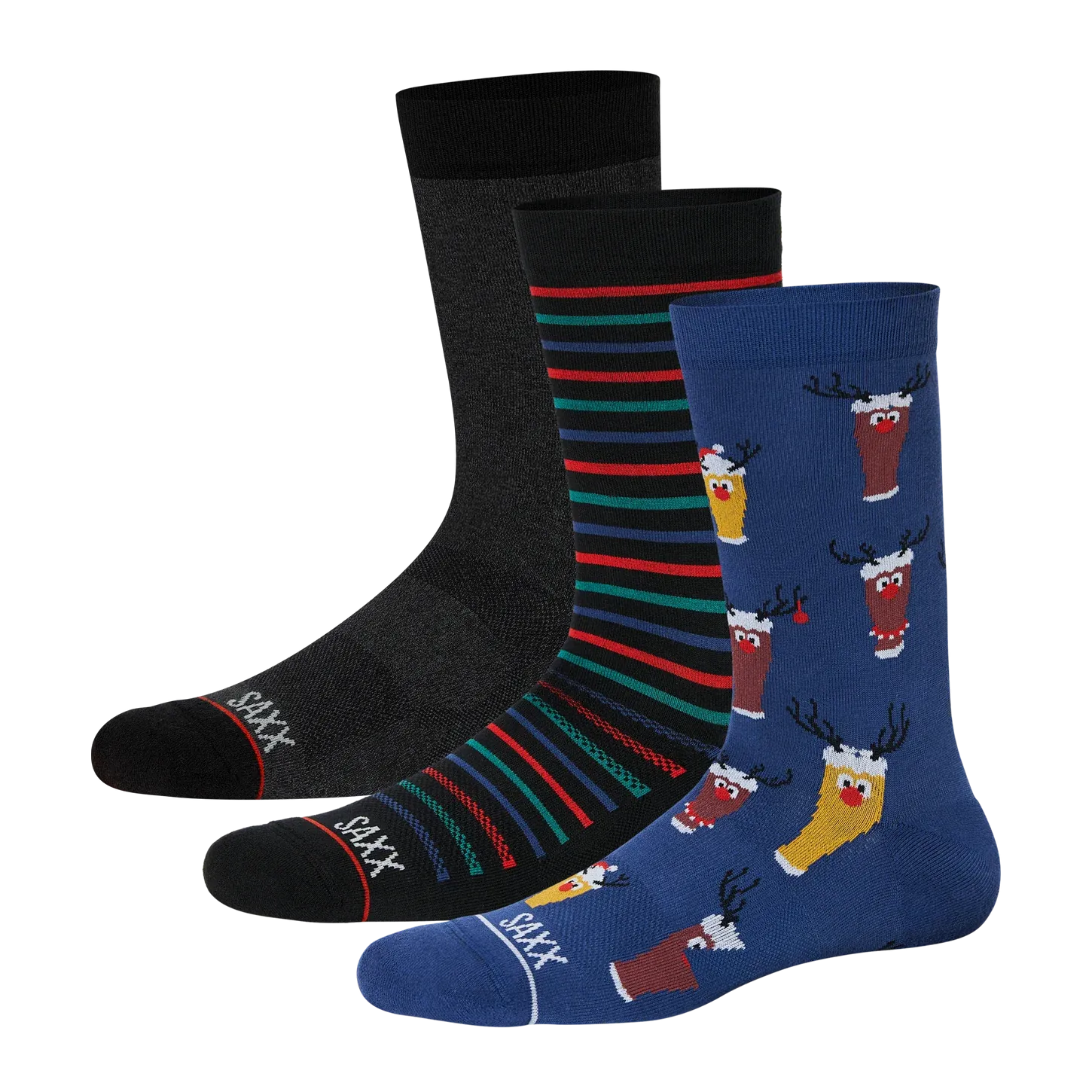 Saxx Mens Whole Package 3-Pack Crew Socks - Brewdolph/Gent Stripe/Black