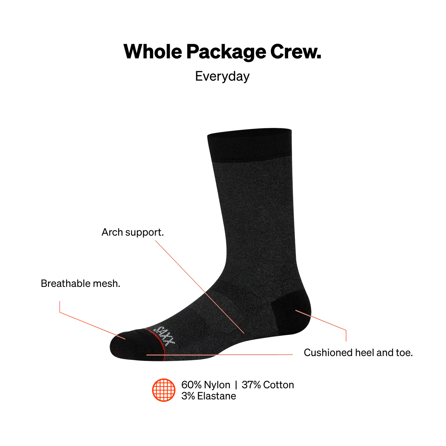 Saxx Mens Whole Package Crew Socks - Black Heather