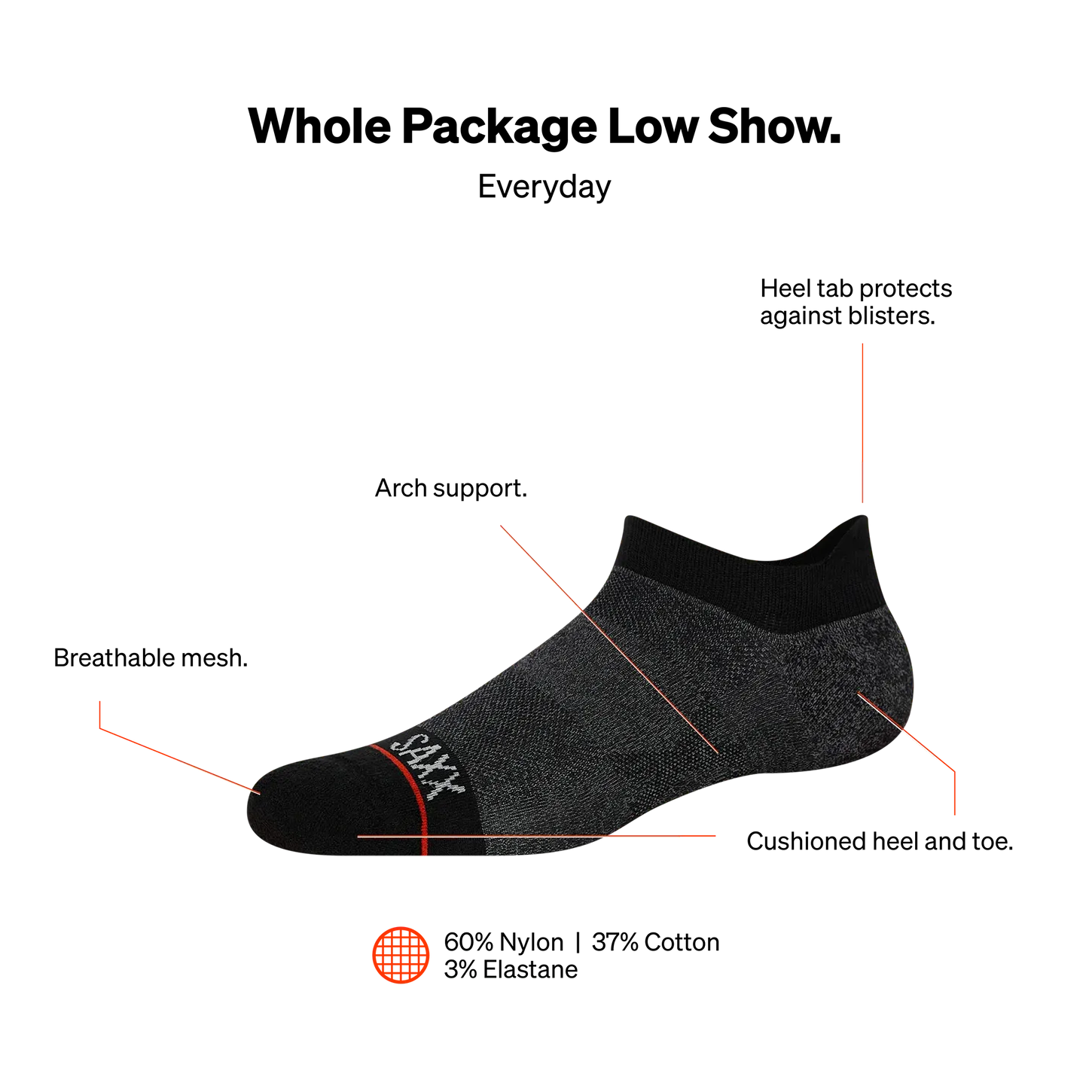 Saxx Mens Whole Package Low Show Socks - Black Heather