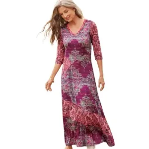 SOFT SURROUNDINGS Tibetan Mixed Media Boho Pink Tapestry Maxi Dress Sz Small