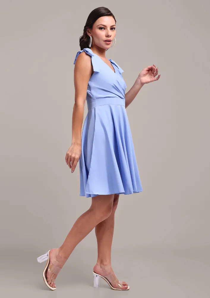 Solid Blue V-Neck Mini Dress