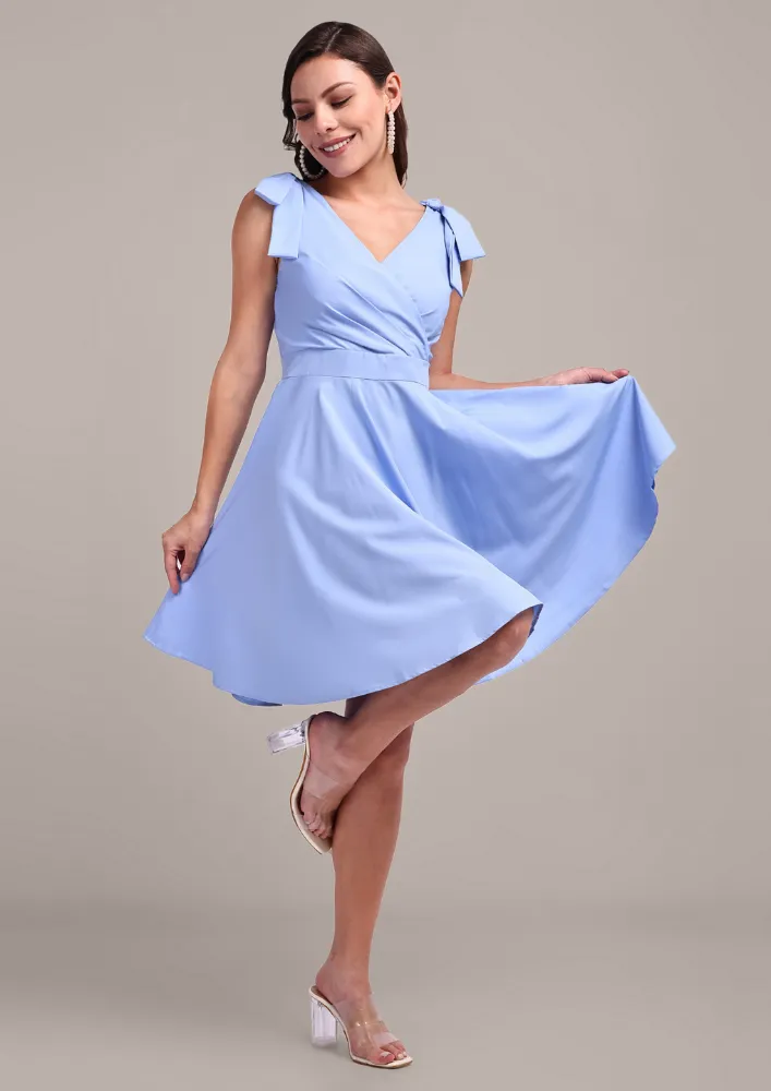 Solid Blue V-Neck Mini Dress