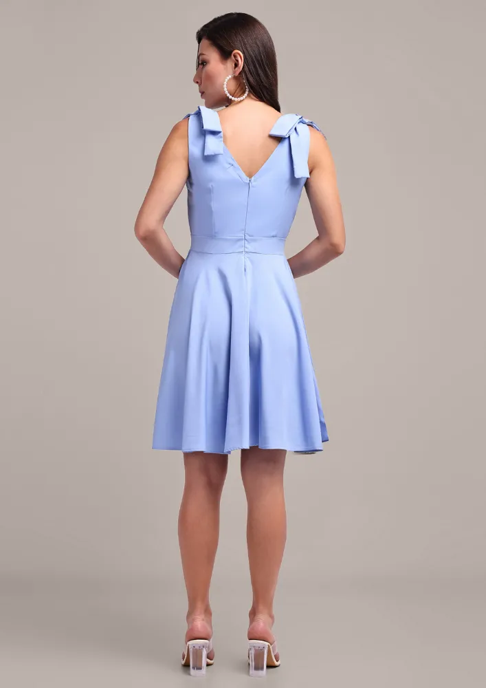 Solid Blue V-Neck Mini Dress