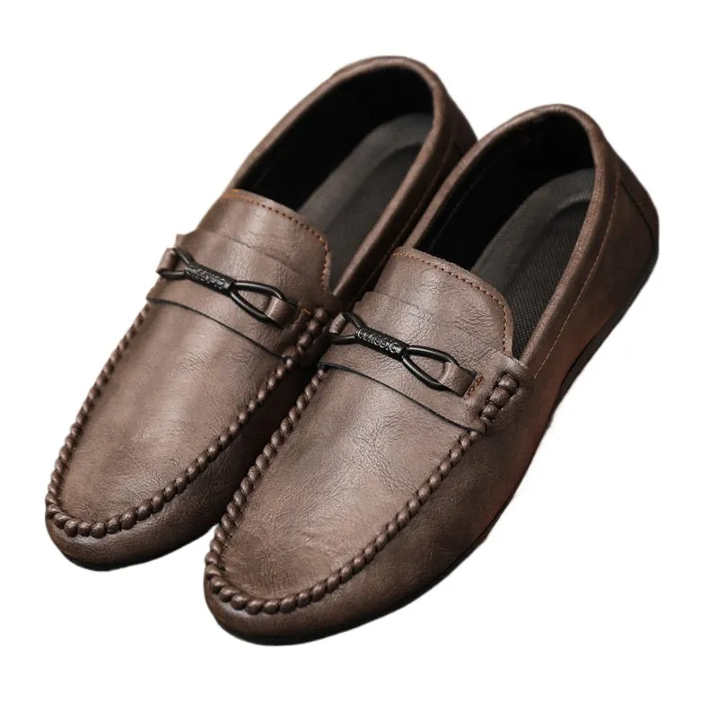 Spring and summer men's shoes low-top Doudou shoes versatile casual shoes breathable leather shoes black work shoes one pedal