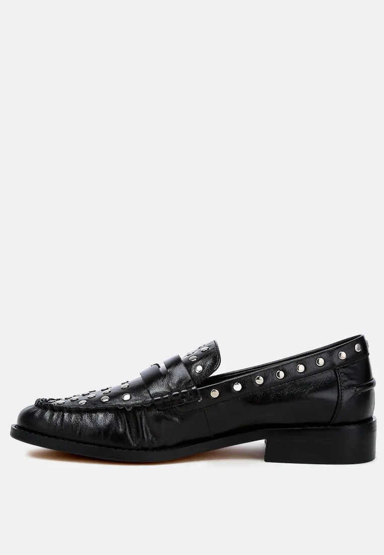 Studs Embellished Leather Loafers By Ruw