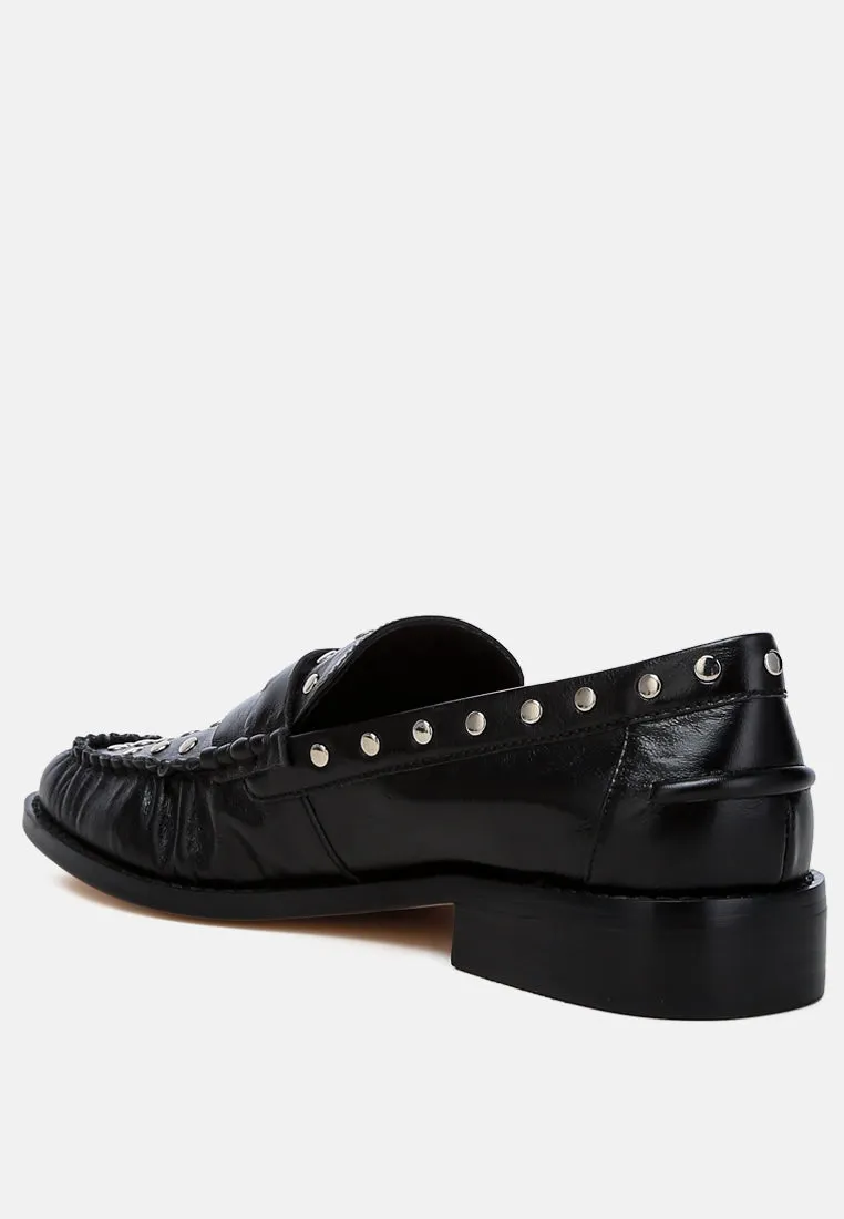 Studs Embellished Leather Loafers By Ruw