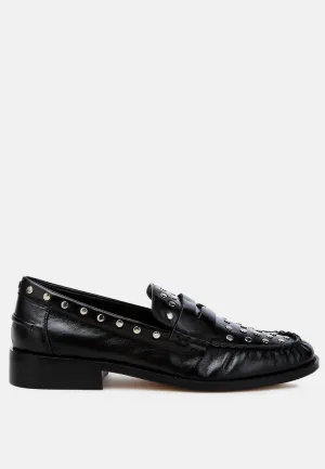 Studs Embellished Leather Loafers By Ruw