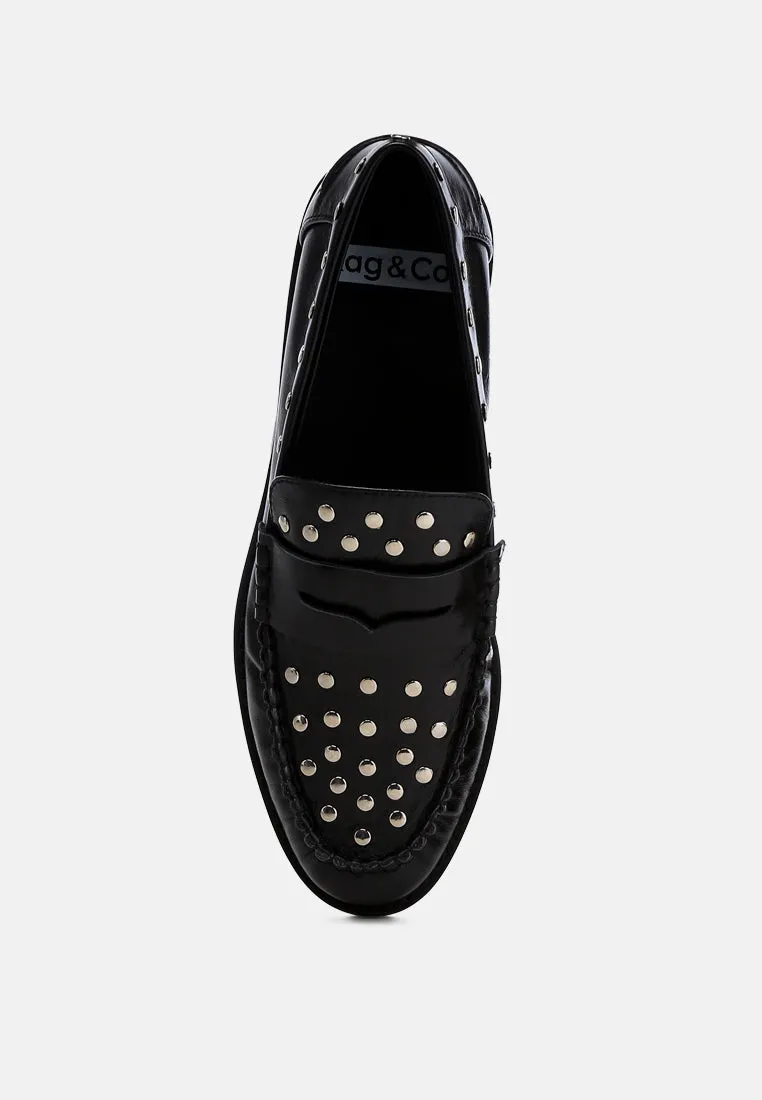 Studs Embellished Leather Loafers By Ruw