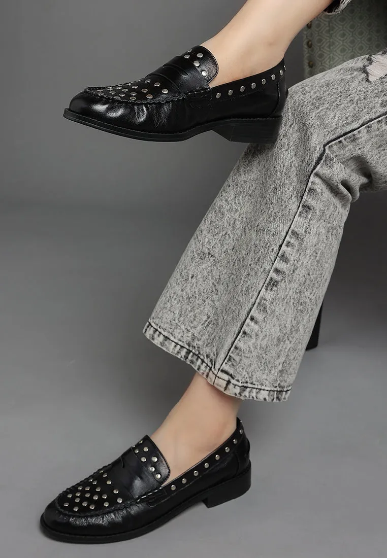 Studs Embellished Leather Loafers By Ruw