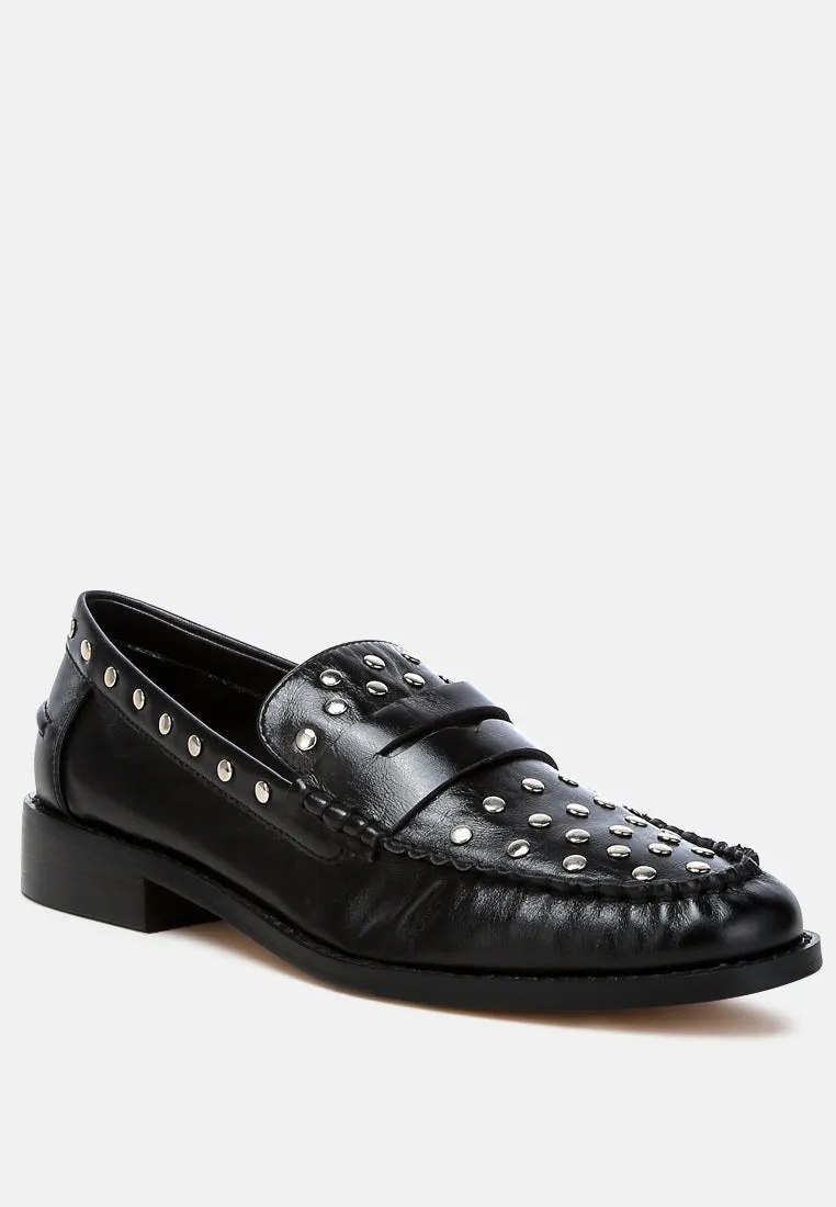 Studs Embellished Leather Loafers By Ruw