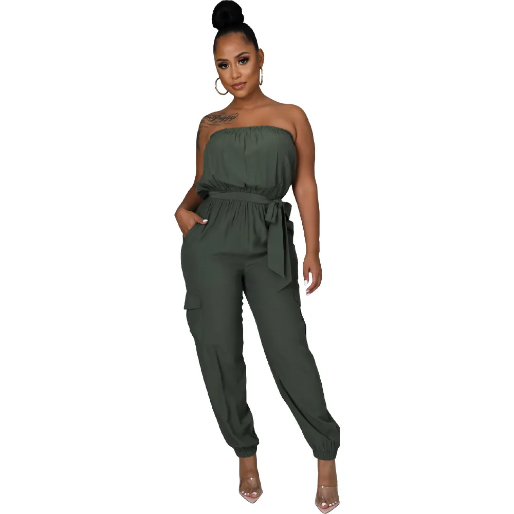 Talia Strapless Tie Waist Cargo Jogger Jumpsuit