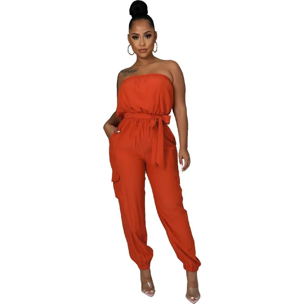 Talia Strapless Tie Waist Cargo Jogger Jumpsuit