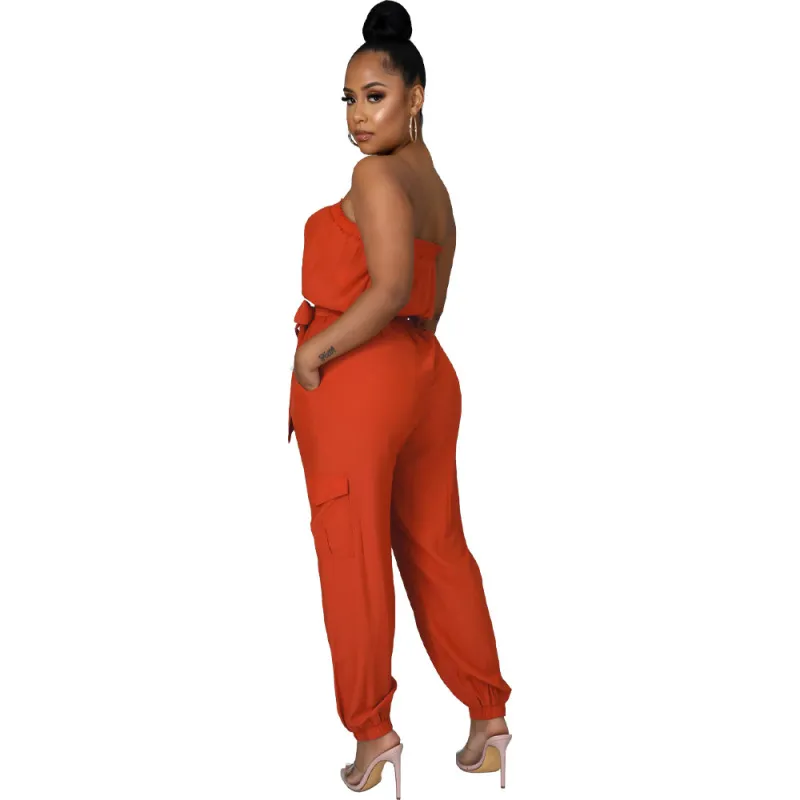 Talia Strapless Tie Waist Cargo Jogger Jumpsuit