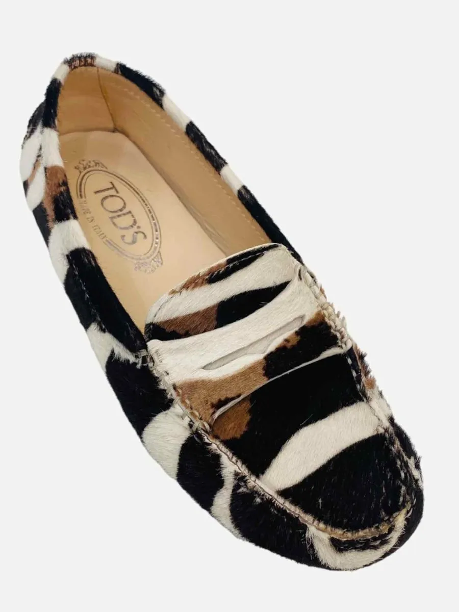 TOD'S White, Brown & Black Zebra Print Loafers 35.5