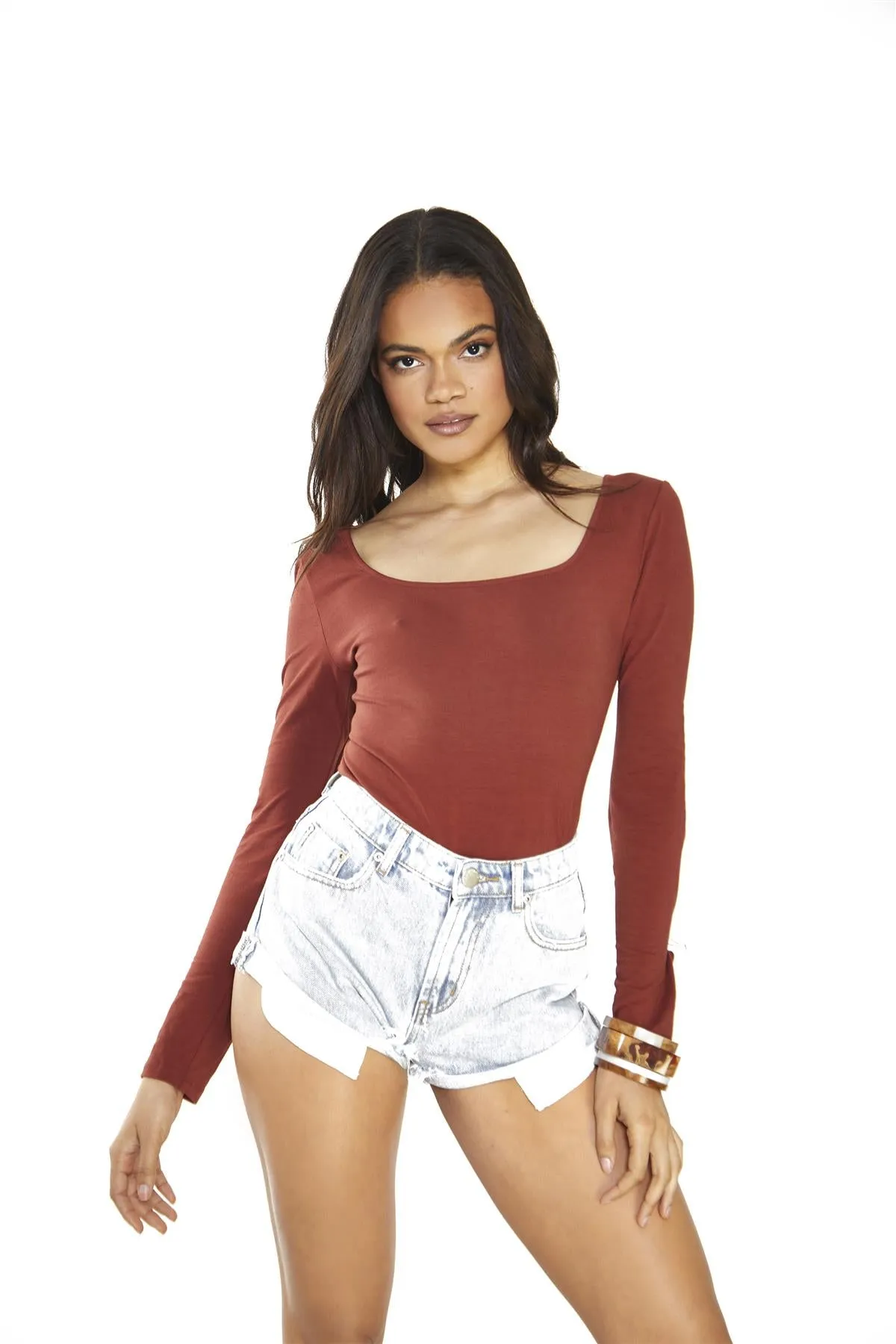 Umber Square-Neck Long-Sleeve-Bodysuit