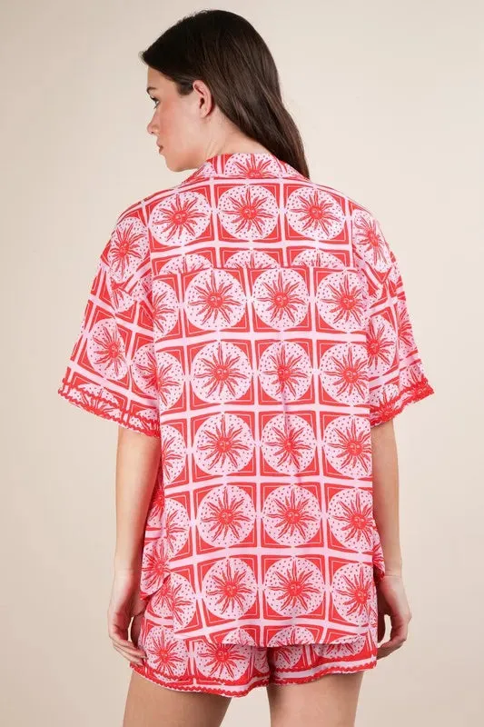 VERY J Full Size Tropical Printed Shirt Top and Shorts Set Plus Size