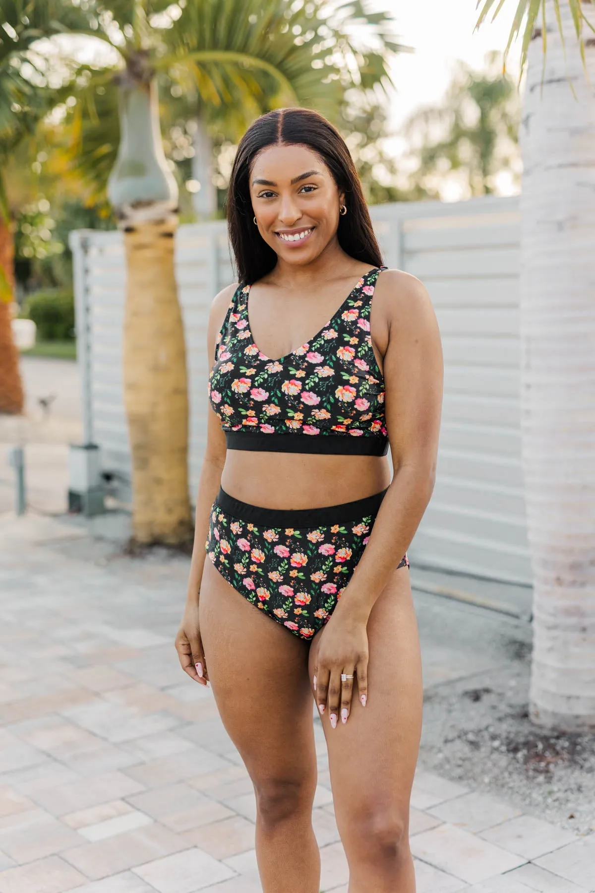 Walking On Sunshine Swim Top- Black Floral