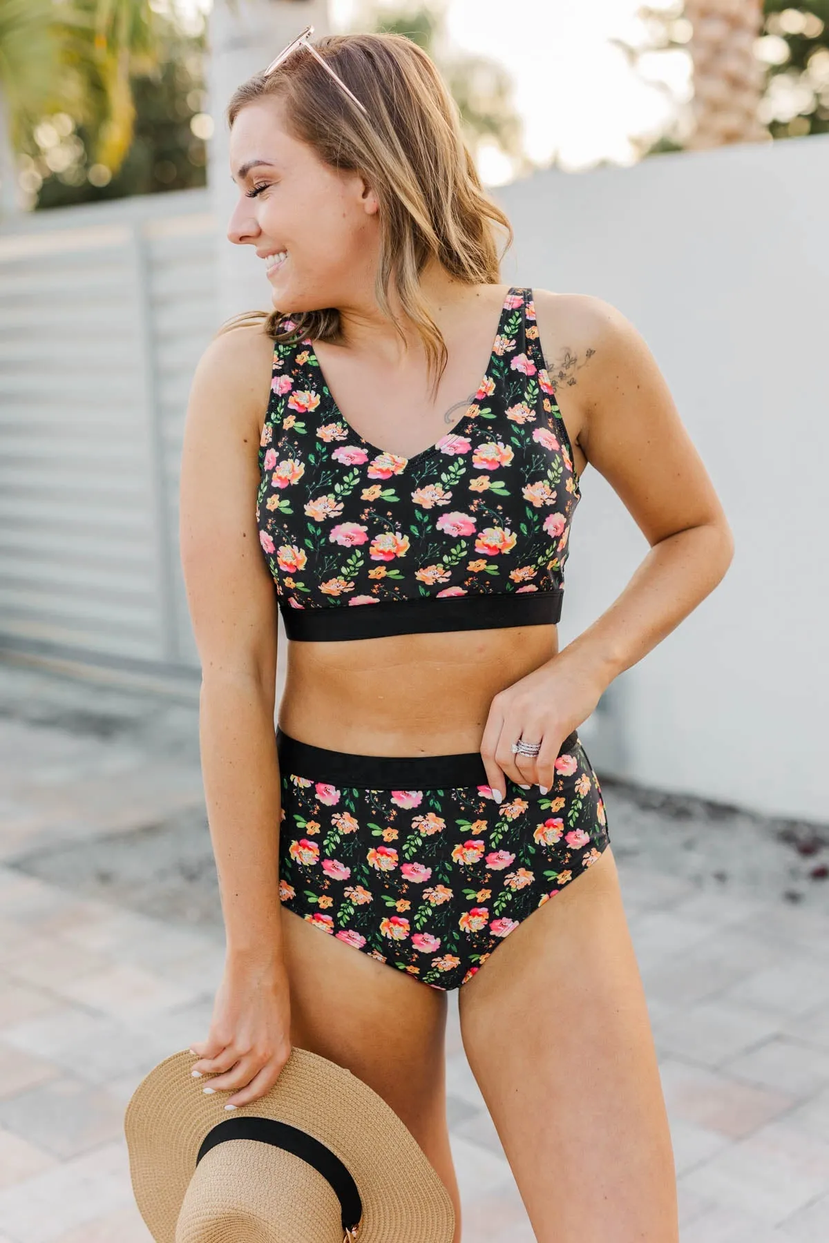 Walking On Sunshine Swim Top- Black Floral