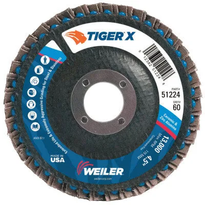 Weiler® Tiger® X Flap Disc, 4-1/2 in Flat, 60 Grit, 7/8 in Arbor, 51224