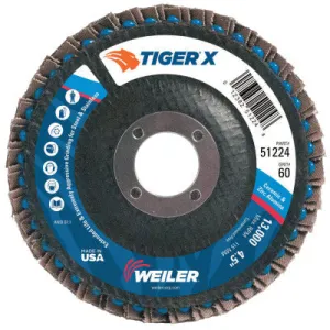 Weiler® Tiger® X Flap Disc, 4-1/2 in Flat, 60 Grit, 7/8 in Arbor, 51224