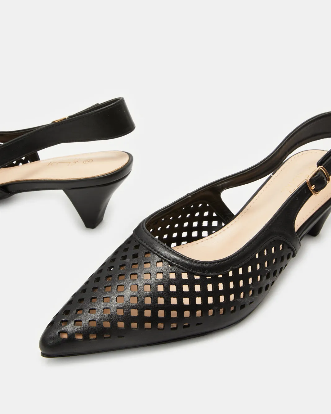 Women Black Textured Cutout Slingback Mule