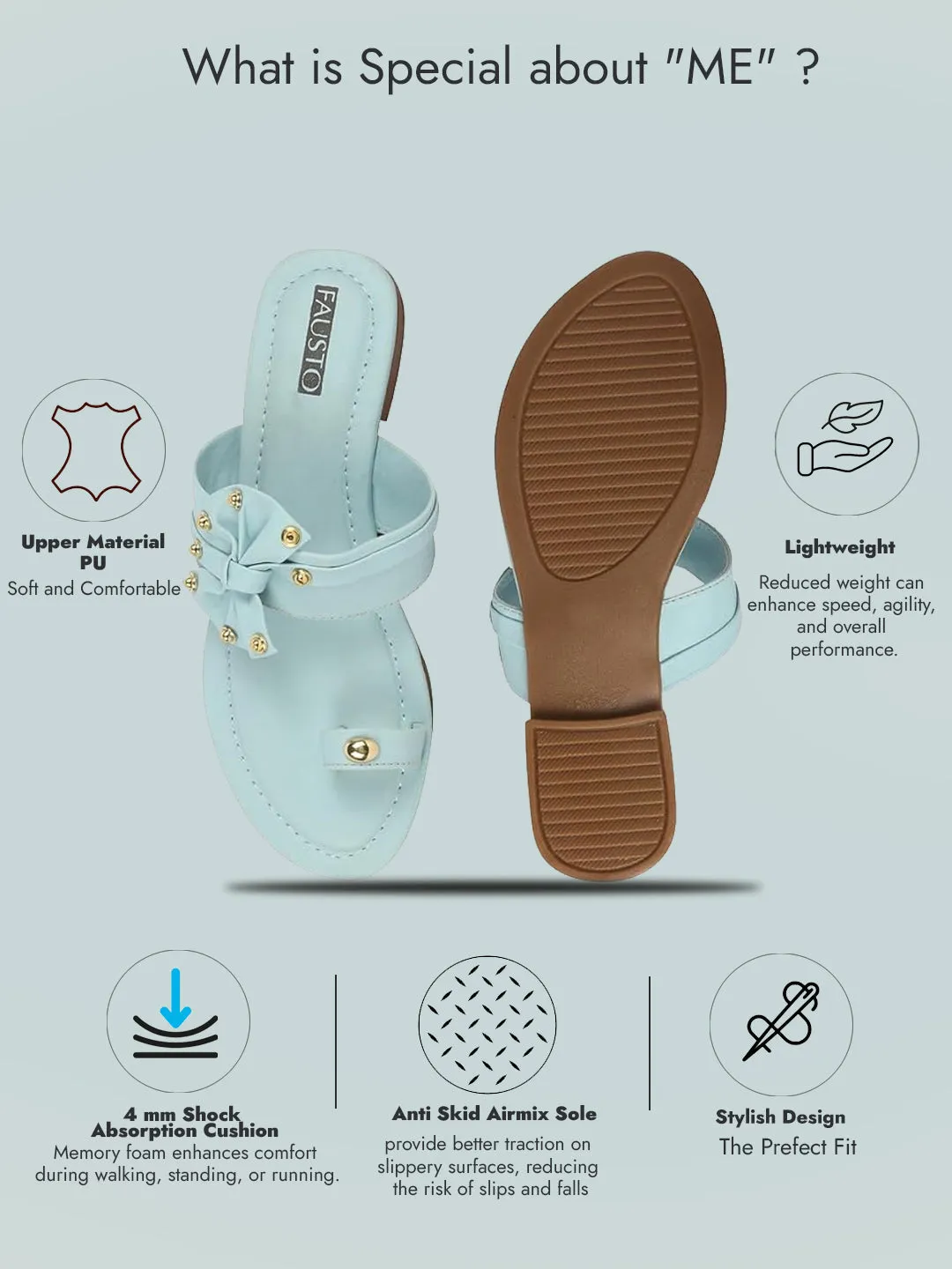 Women Sky Blue Bow Design Toe Ring Slip On Flats Slippers