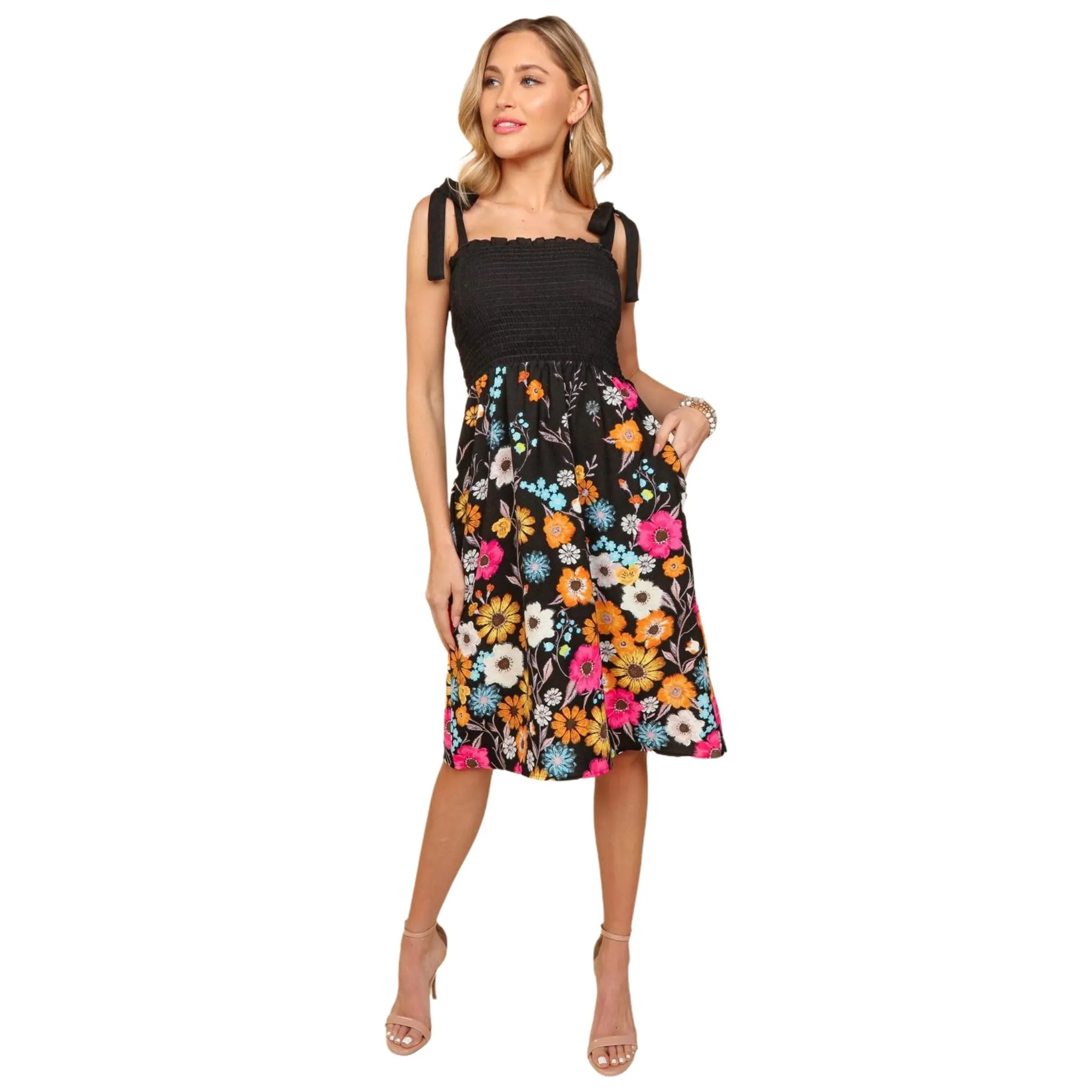 Women's Black Smocked Floral Midi Dress with Pockets