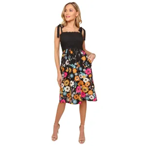 Women's Black Smocked Floral Midi Dress with Pockets