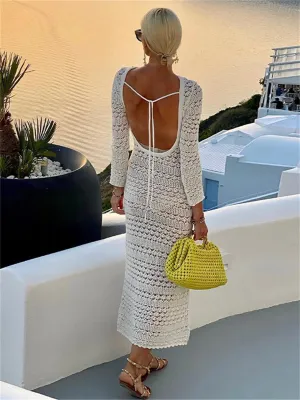 Wsevypo Backless Tie-Up Knit Crochet Beach Dress