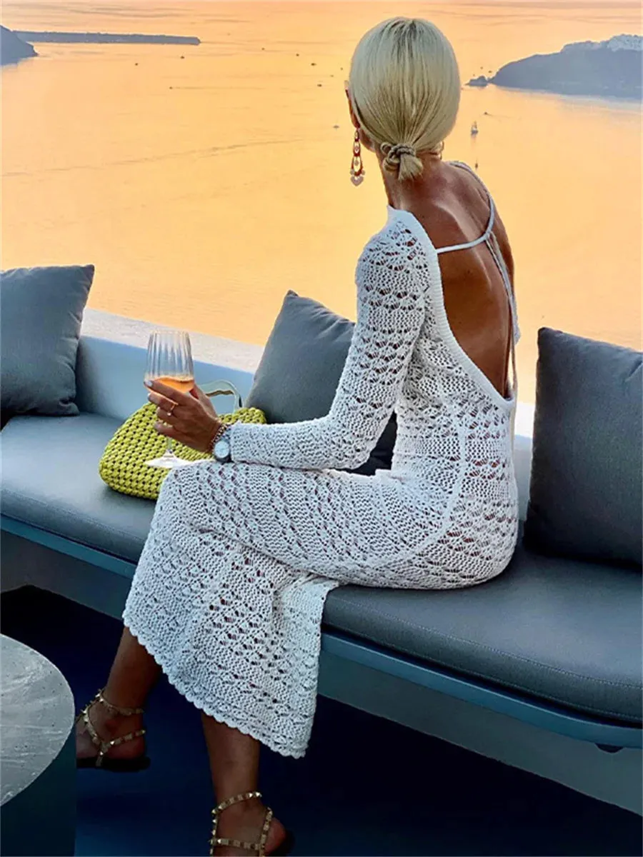 Wsevypo Backless Tie-Up Knit Crochet Beach Dress