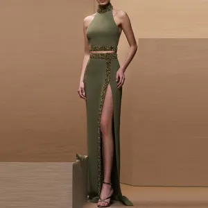 Zyla Beaded Diamond Crop Top & Split Maxi Skirt Set