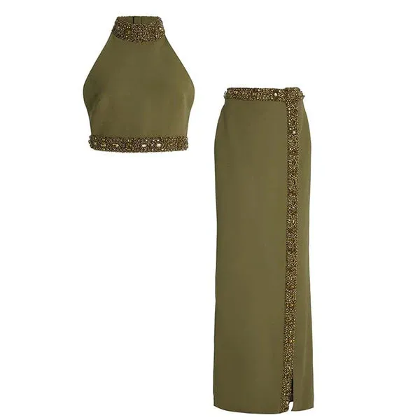 Zyla Beaded Diamond Crop Top & Split Maxi Skirt Set