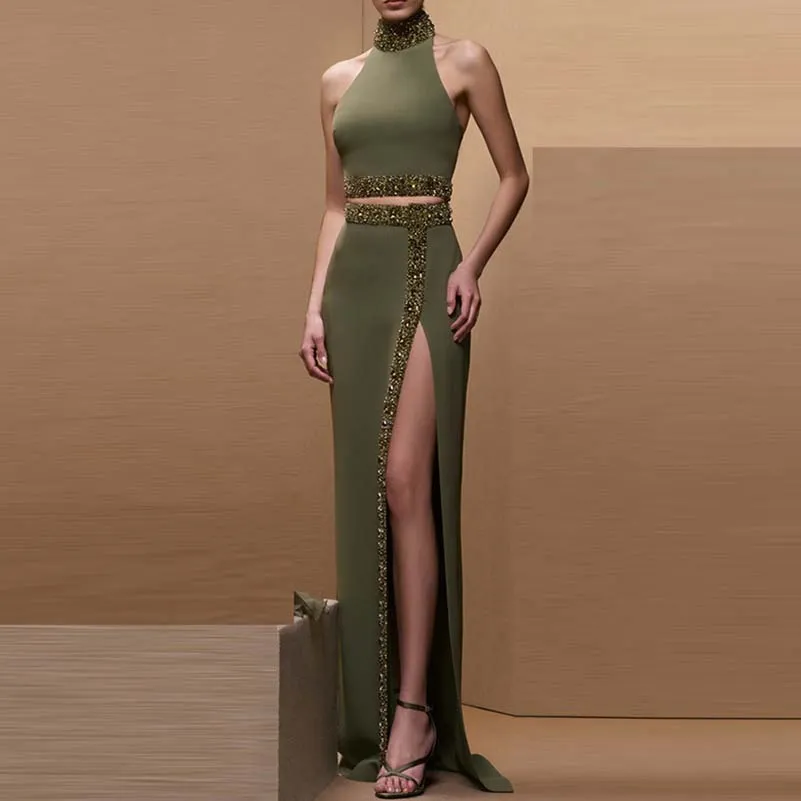 Zyla Beaded Diamond Crop Top & Split Maxi Skirt Set
